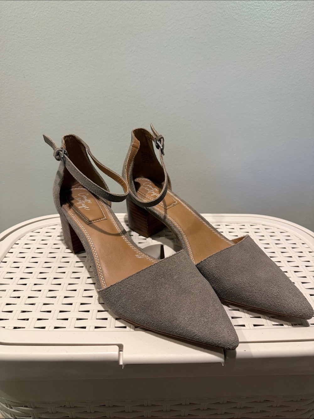 Crown Vintage Taupe Suede Pointed Toe Ankle-Strap Block Heels